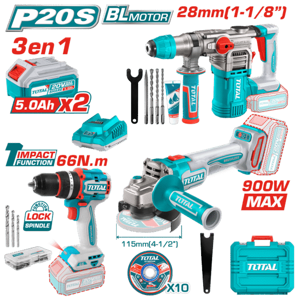 COMBO TALADRO + ROTOMARTILLO + AMOLADORA 2X5.0AH  TOSLI24118 TOTAL