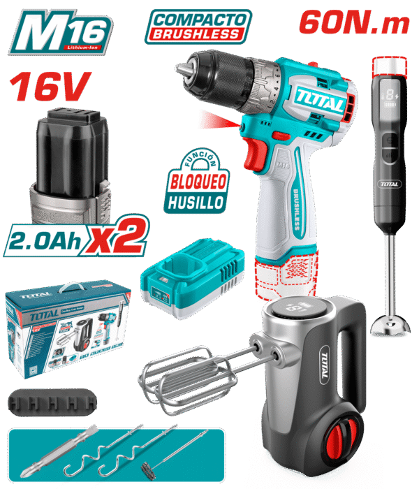COMBO TALADRO COMPACTO 60NM M16 2X2.0AH TCKLI1638  TOTAL